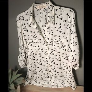 EUC White, bird print, button up top, size M